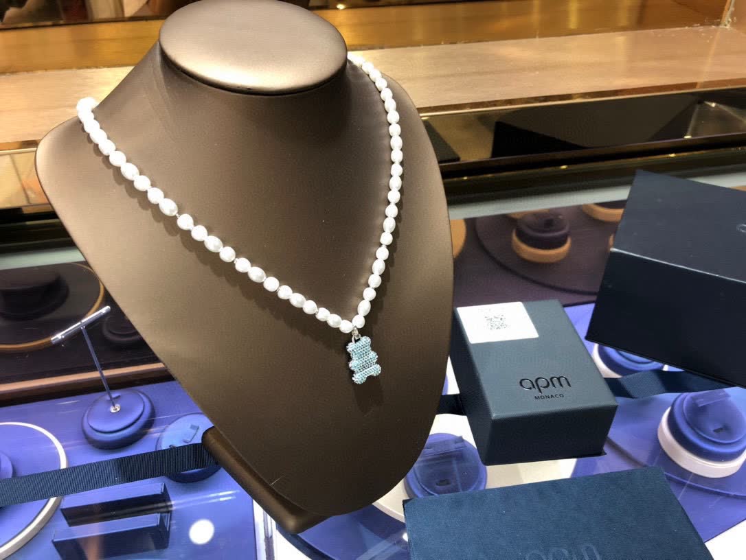 APM Monaco Pearl & Crystal Bear Pendant Necklace
